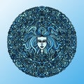 Abstract mandala ornament. Asian pattern with long hair girl face. Blue navy background. Vector illustration. Royalty Free Stock Photo