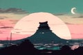 Abstract manga landscape at dusk. Sad beautiful artwork with pink clouds and mountains. Created using generative Ai