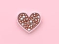 Abstract many sphere white pink metallic in heart frame valentine concept 3d render