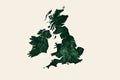 Abstract map of Great Britain and Ireland, green wireframe design, broken white background, geopolitical concept, copy