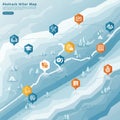 Abstract map illustration featuring hexagonal icons connected by dotted lines. Icons