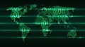 Abstract map world with continents from digital binary code on a dark green background with glowing transaction lines, big data Royalty Free Stock Photo