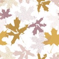 Abstract maple leaves seamless pattern in gold and violet colors