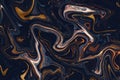 Abstract marble background with gold waves and curls. Liquid marbled dark blue, orange golden luxury texture. Natural Royalty Free Stock Photo