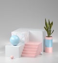 Abstract marble display and pastel perspective composition for show products with snake plants, 3d illustration