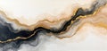 Abstract marble flow painting with gold, beige, and black ink creates dynamic wave patterns. Horizontal texture background adds Royalty Free Stock Photo