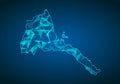Abstract mash line and point scales on dark background with map