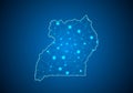Abstract mash line and point scales on dark background with Map of uganda.