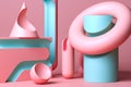 Abstract Matte Figures Of Pink And Blue Pastel Colors on Pink Pastel Background. 3d Rendering. Creative Wallpaper Royalty Free Stock Photo