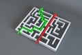 Abstract maze with arrows on gray background. Easy way, solution and complication concept.