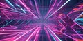 Abstract maze of neon laser lines reflecting in a mirrored structure.