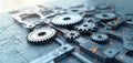 Abstract mechanical engineering illustration featuring interconnected gears cogs electronic components. Blueprint structure, Royalty Free Stock Photo