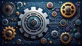 Abstract mechanical gears and circuit board design on a dark blue background Royalty Free Stock Photo