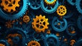 Abstract mechanical gears interconnect complex clockwork design. vibrant colors mechanisms stand dark background
