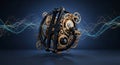 Abstract mechanism powered by glowing data waves Royalty Free Stock Photo
