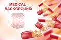 Abstract Medical banner ads. Realistic painkillers pills, antibiotics, vitamins, medical supplies and capsules. Vector