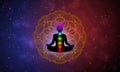 Abstract meditation man and seven chakra in the universe