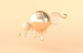 Abstract melted golden and glass sphere on beige background 3d rendering