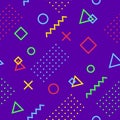 Abstract memphis pattern of diagonal geometric multicolored shapes and figures on purple background Royalty Free Stock Photo