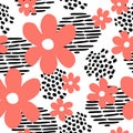 Modern abstract memphis style insprired hand drawn vector seamless pattern with pink flowers. Royalty Free Stock Photo