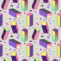 Abstract Memphis Style Seamless Pattern with Geometric Shapes and Cubes. Royalty Free Stock Photo