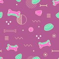 Abstract Memphis Style Seamless Pattern with Geometric Shapes and Dog Food. Royalty Free Stock Photo