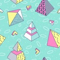 Abstract Memphis Style Seamless Pattern with Geometric Shapes and Pyramid. Royalty Free Stock Photo