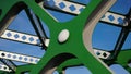 Abstract metal construction. Details of the metallic green bridge in Bratislava, Slovakia. Industrial construction. Royalty Free Stock Photo