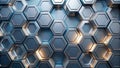 Abstract metallic hexagon pattern background design featuring a three-dimensional array of interlocking shapes with illuminated Royalty Free Stock Photo