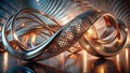 Abstract metallic sculpture with intertwined, luminous coils and grid patterns on reflective surface. Generative AI Royalty Free Stock Photo