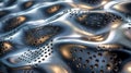 Abstract metallic surface with reflective texture and small perforations, creating a visually intriguing and futuristic pattern