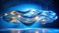Abstract metallic wave sculpture installation in blue room. Generative AI Royalty Free Stock Photo