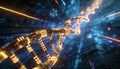 Abstract metaverse background with cascading binary code forming a dna double helix and golden light trails in a cyberpunk setting Royalty Free Stock Photo