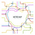 Abstract metro map in shape of heart. Vector subway underground scheme. City transportation diagram concept. Colorful