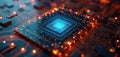 Abstract microchip circuit board glows with blue light and orange sparks. Advanced computer processor with intricate pathways Royalty Free Stock Photo
