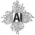 Abstract microchip icon with circuit board in black color with letters AI in the center