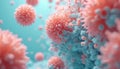 Abstract microscopic view of pink sphere cells with blue clusters floating in a turquoise liquid. Detailed cellular structures Royalty Free Stock Photo
