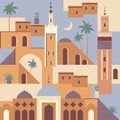 Vector abstract Middle Eastern town flat illustration. Seamless architecture pattern. Morocco inspired digital paper with mosque,