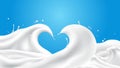 Abstract milk waves with heart shape on blue background