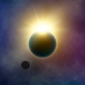 Abstract Milky Way Galaxy. Solar eclipse. Sun shine behind planet Earth and Moon. Starry night sky. Vector background