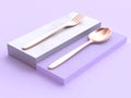 Abstract minimal 3d rendering metallic copper fork spoon on square podium