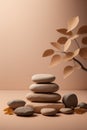 Abstract minimal nature scene - empty stage and composition of stones on beige background and soft shadows of tree leaves. Royalty Free Stock Photo