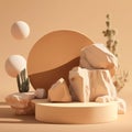 Abstract Minimal Studio: Podium Stone Display with Beige Rock and Gold Pedestal for Cosmetic Beauty Product Promotion on Brown