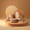 Abstract Minimal Studio: Podium Stone Display with Beige Rock and Gold Pedestal for Cosmetic Beauty Product Promotion on Brown