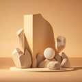 Abstract Minimal Studio: Podium Stone Display with Beige Rock and Gold Pedestal for Cosmetic Beauty Product Promotion on Brown