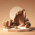 Abstract Minimal Studio: Podium Stone Display with Beige Rock and Gold Pedestal for Cosmetic Beauty Product Promotion on Brown