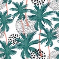 Abstract minimal tropics seamless pattern. Palm trees silhouettes and doodle texture background