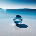 abstract minimalist futuristic fantastic seascape with calm polished chrome ring and silver ball under the plain gradient Fantasy