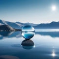 abstract minimalist futuristic fantastic seascape with calm polished chrome ring and silver ball under the plain gradient Fantasy