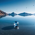 abstract minimalist futuristic fantastic seascape with calm polished chrome ring and silver ball under the plain gradient Fantasy